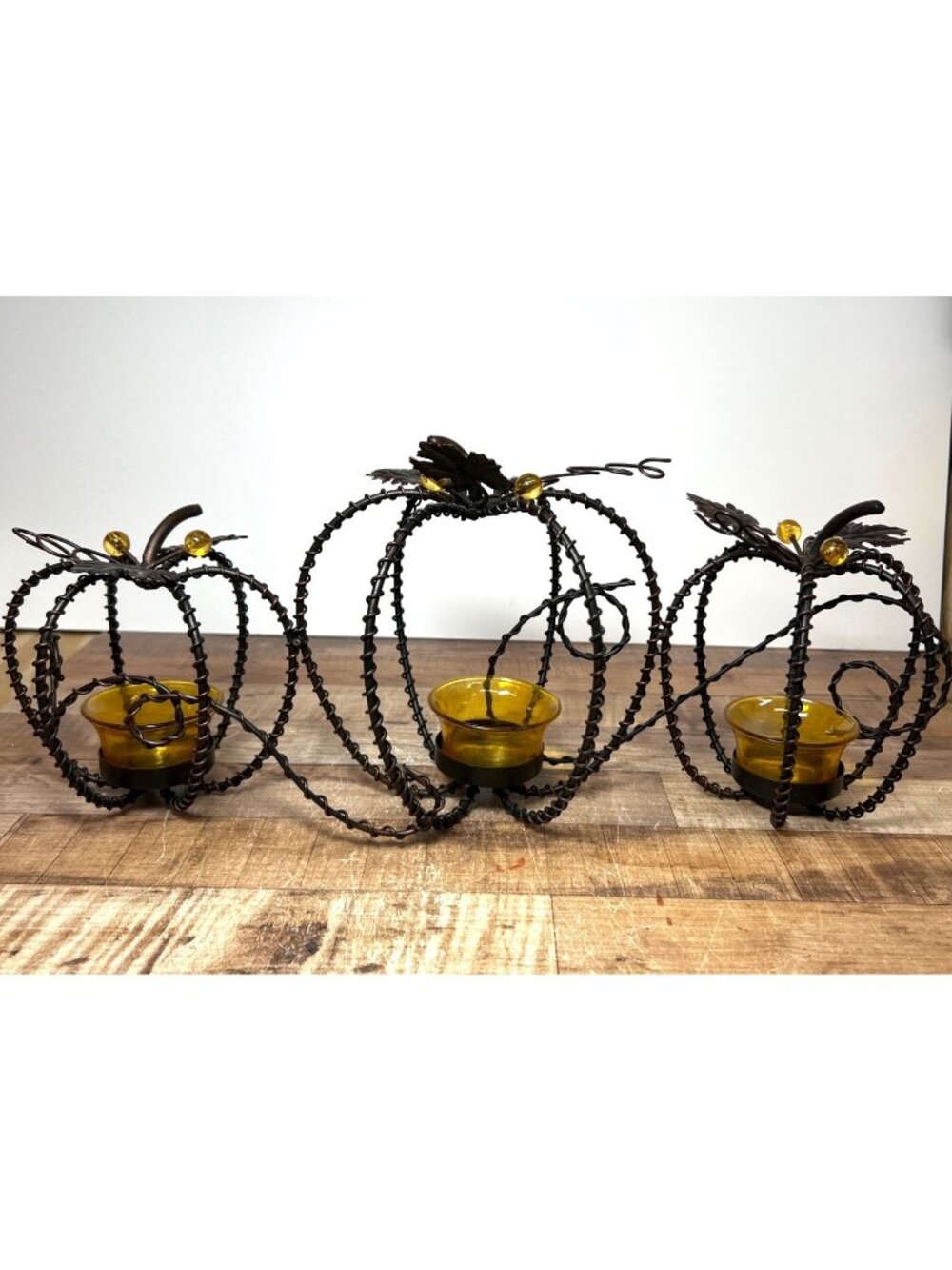 Fall/Halloween Metal and Twisted Wire Pumpkin Candle Holder Trio